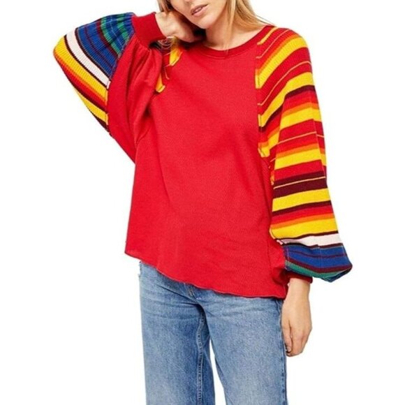 Free People Womens Red Color Block Striped Long Sleeve Jewel Neck Sweater Size X - Picture 1 of 8